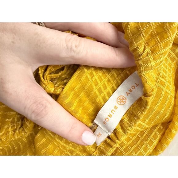 Tory Burch Womens Yellow Natalie Grid Textured Georgette Blouse Top Blouse XS - Picture 4 of 5